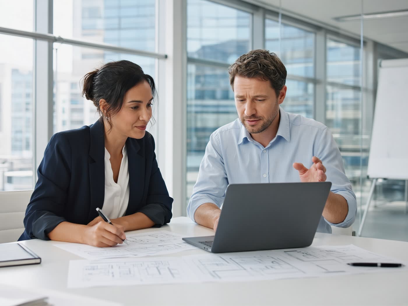 Engineers collaborating in a bright meeting room