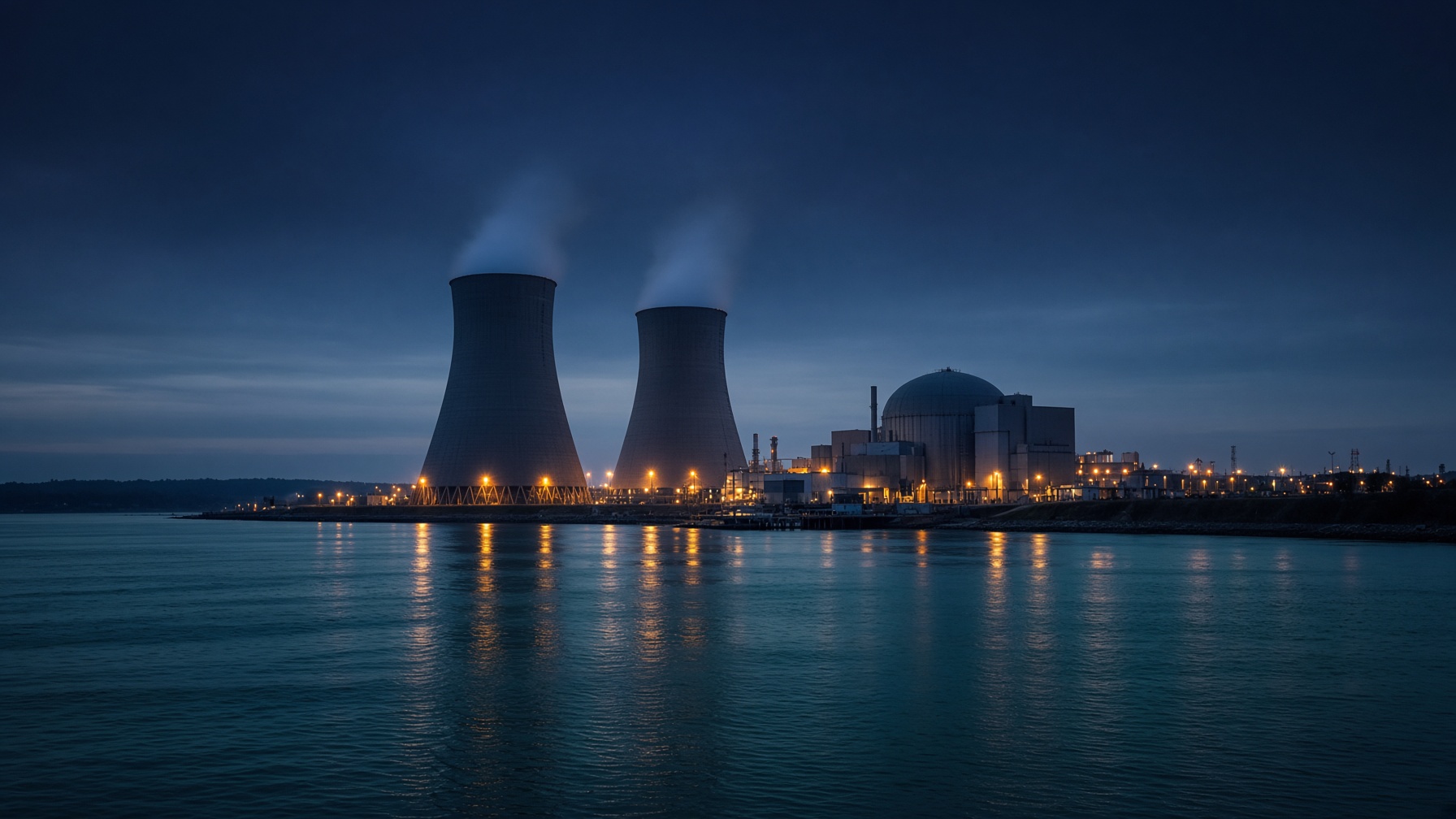 Nuclear generating station at dusk, cooling towers across still water